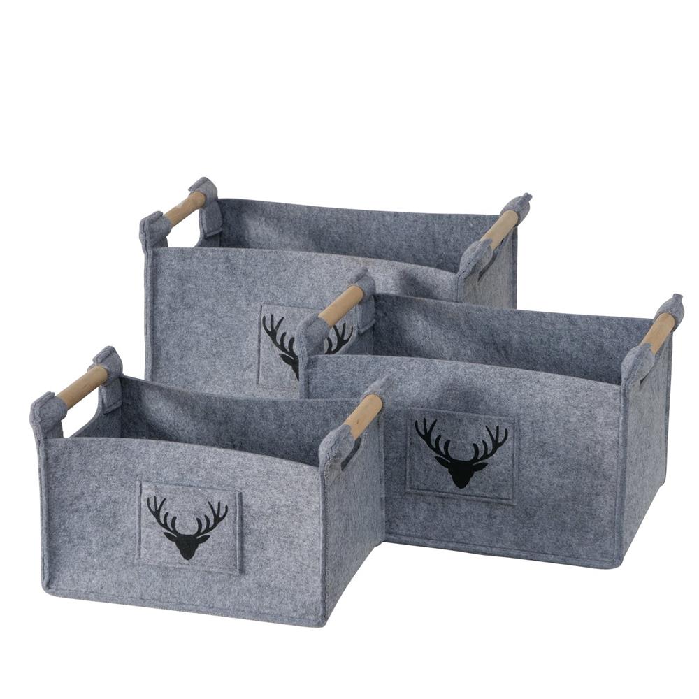 BOLTZE Korb Karly – 3er Set mit Hirschgeweihmotiv, Holz & Textil, Landhausstil