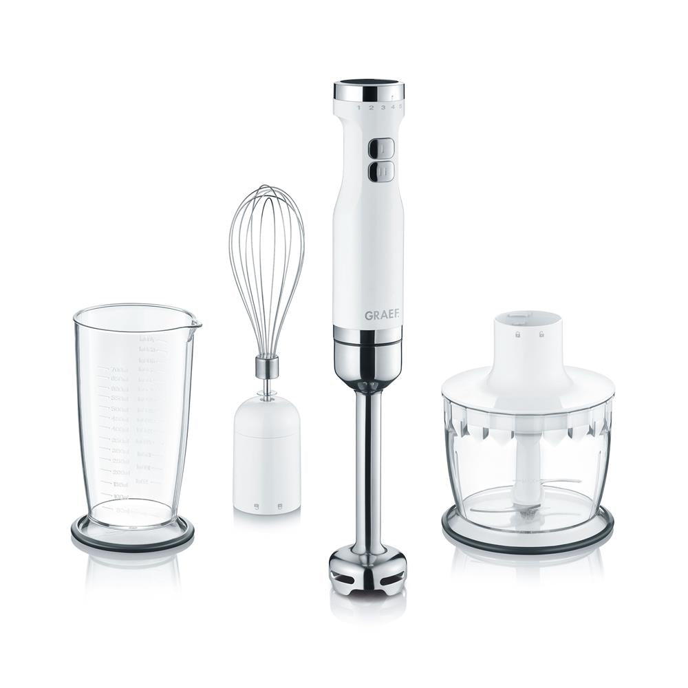 GRAEF Stabmixer HB 501 mit 3-teiliges Zubehör-Set Mixstab Pürierstab Zerkleinerer Weiß/Edelstahl