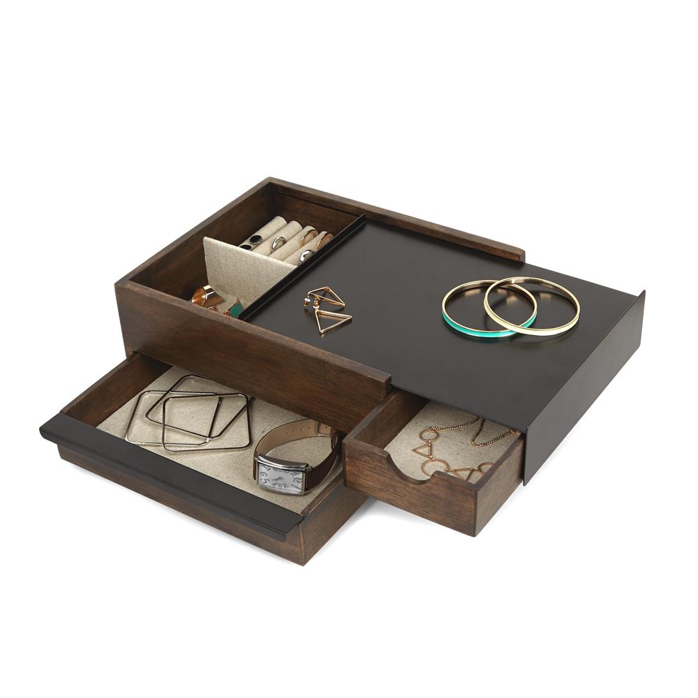 Umbra Stowit Design Schmuckkasten Schwarz/Walnuss moderne Schmuck Box mit Geheimfächern für Ringe Armbänder Uhren Halsketten Ohrringe und Accessoires
