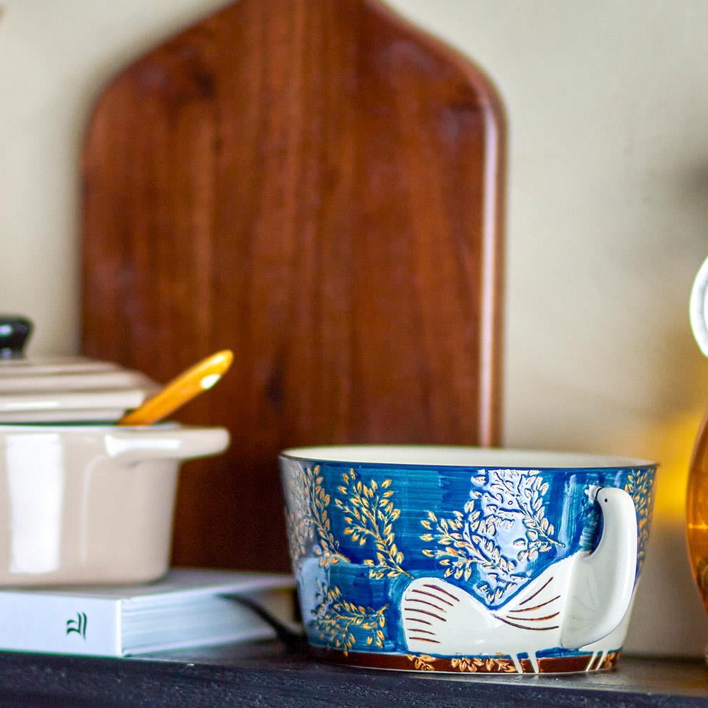 Bloomingville Hezha Schale Blau – Handbemalte Steingutschale mit Vogelmotiv, 460 ml