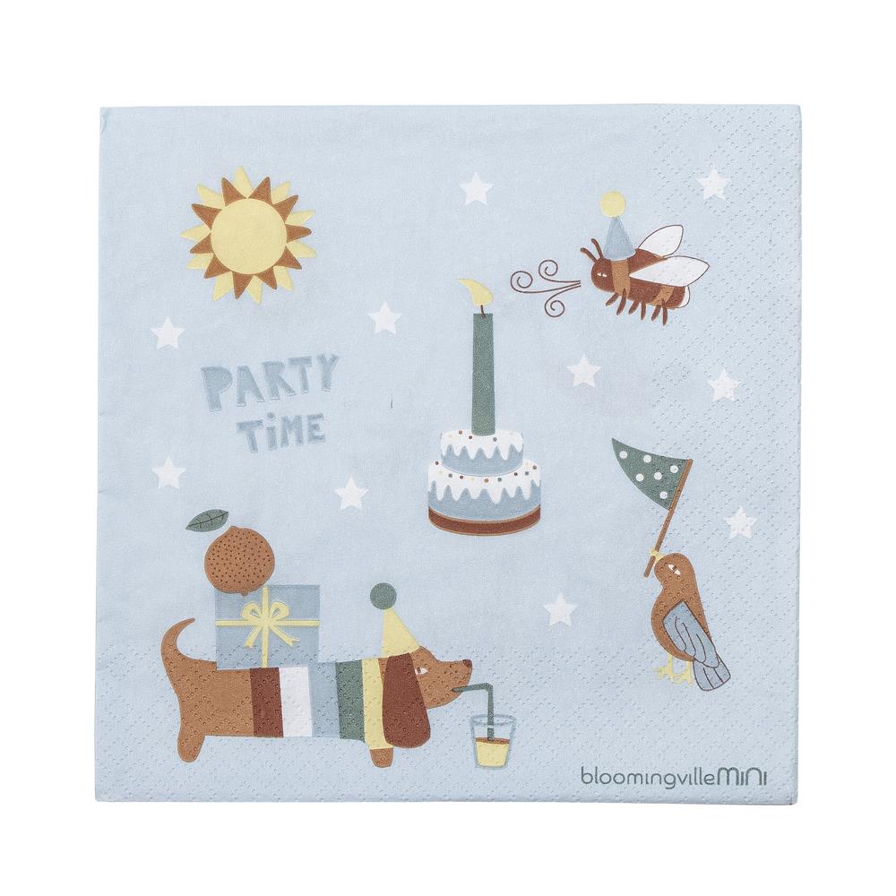 Bloomingville MINI Charlie Servietten in Blau, 20er Pack, 33x33cm, aus Papier für Kindergeburtstag