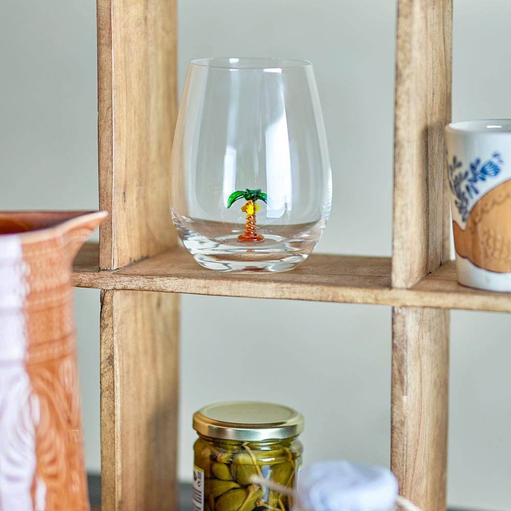 Bloomingville Misa Trinkglas, 560ml, aus Glas mit Palmenfigur im Inneren