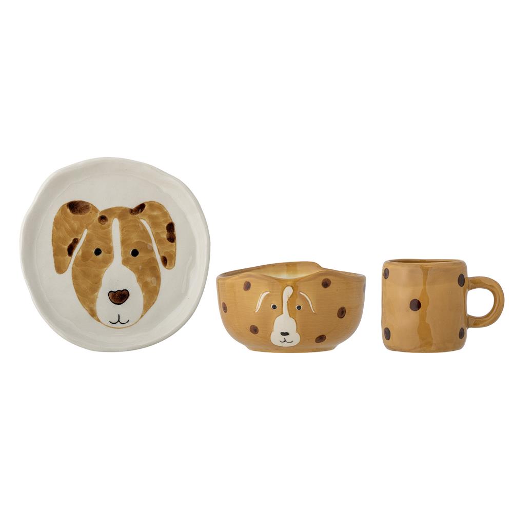 Bloomingville MINI Fenix Geschirr-Set, Braun, Hund, Steingut, 3er Set mit Teller + Schüssel + Tasse