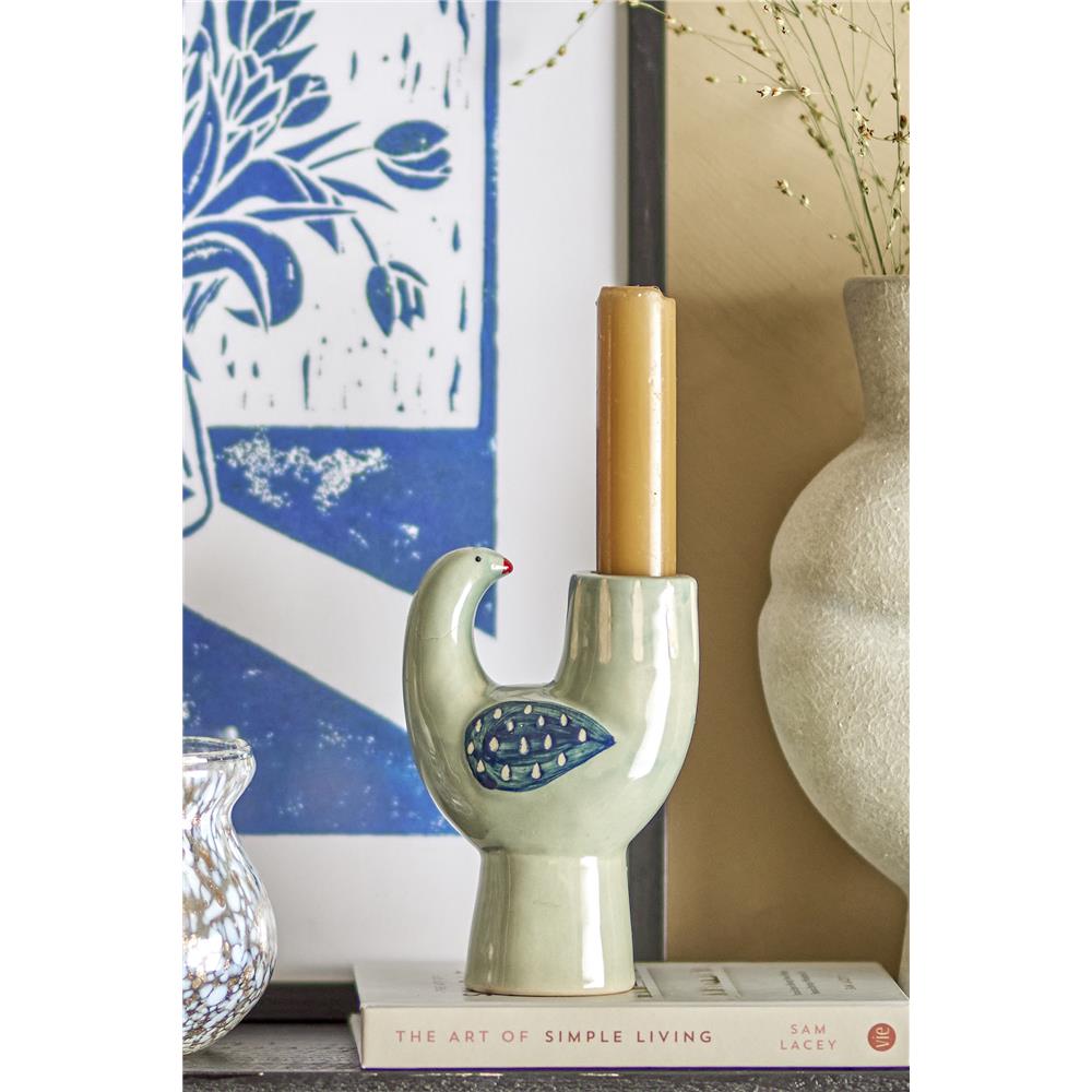 Bloomingville Trudy Kerzenhalter, Vogel, in Blau, aus Steingut, Kerzenständer, im dänischen Design