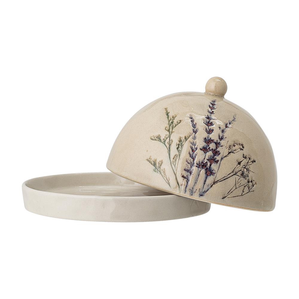 Bloomingville Bea Butterglocke mit Decke, Natur, Steingut, mit Blumenmotiv, dänisches Design