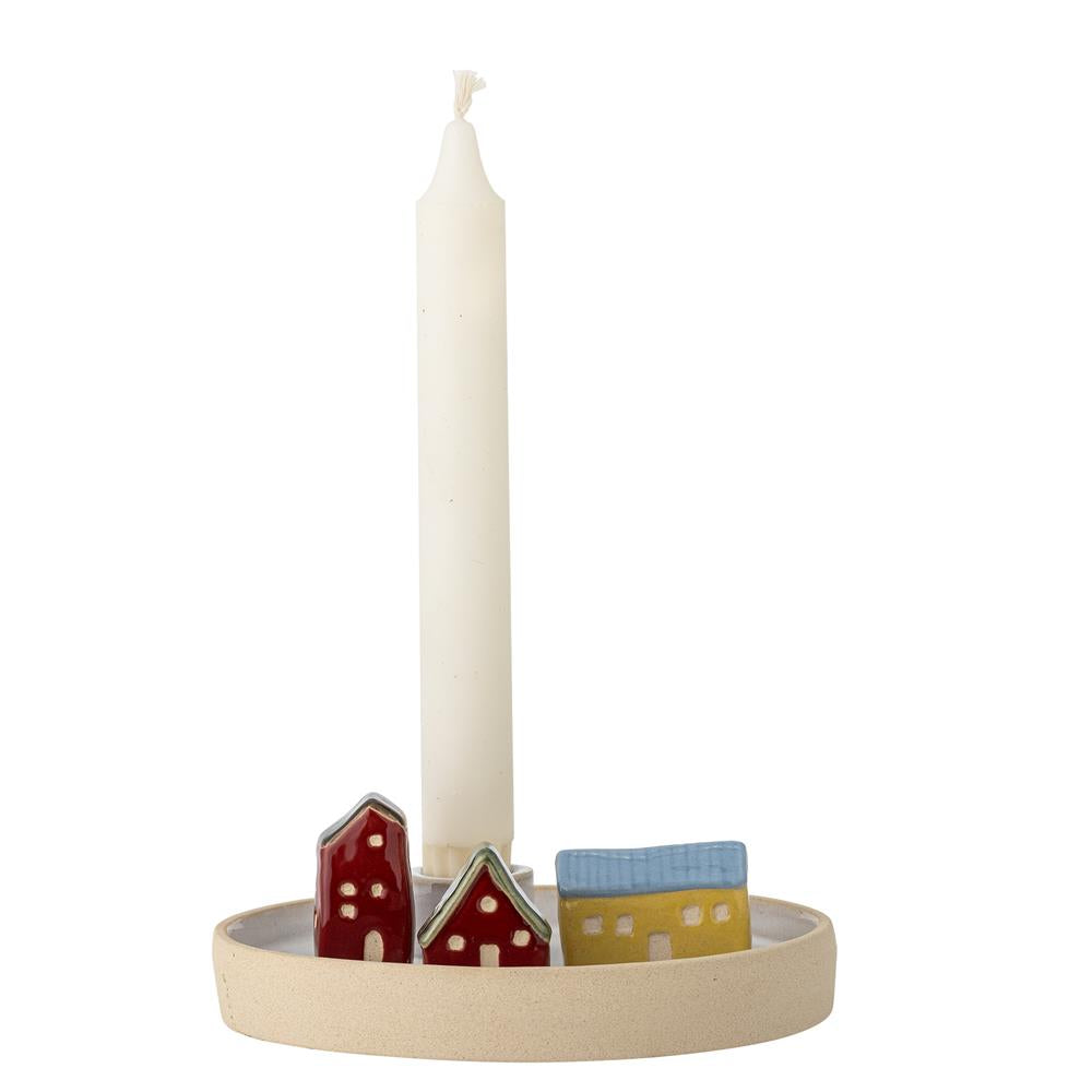 Bloomingville Coze Kerzenhalter Weiß Steingut Kerzenständer D 15,5 cm mit Häusermotiv