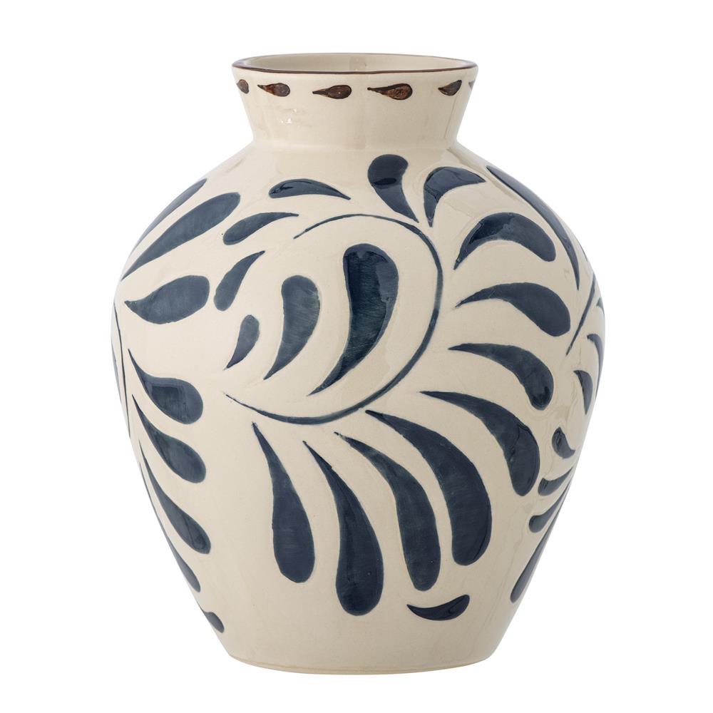 Bloomingville Heikki Vase – blaue Steingutvase mit geprägtem Muster, handbemalt, Ø 20 cm