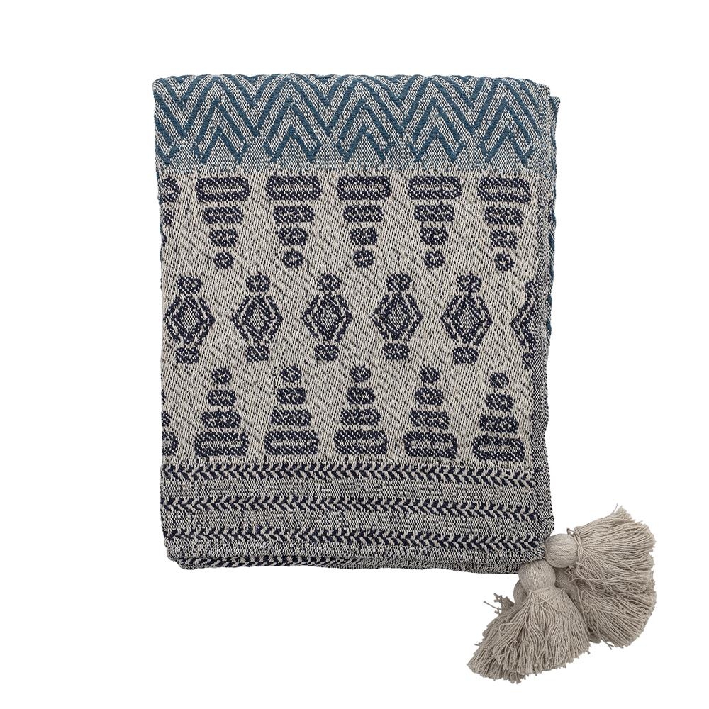 Bloomingville Decke Milas 160x130cm Blau Grau Baumwolle Quasten Tagesdecke Kuscheldecke Überwurf