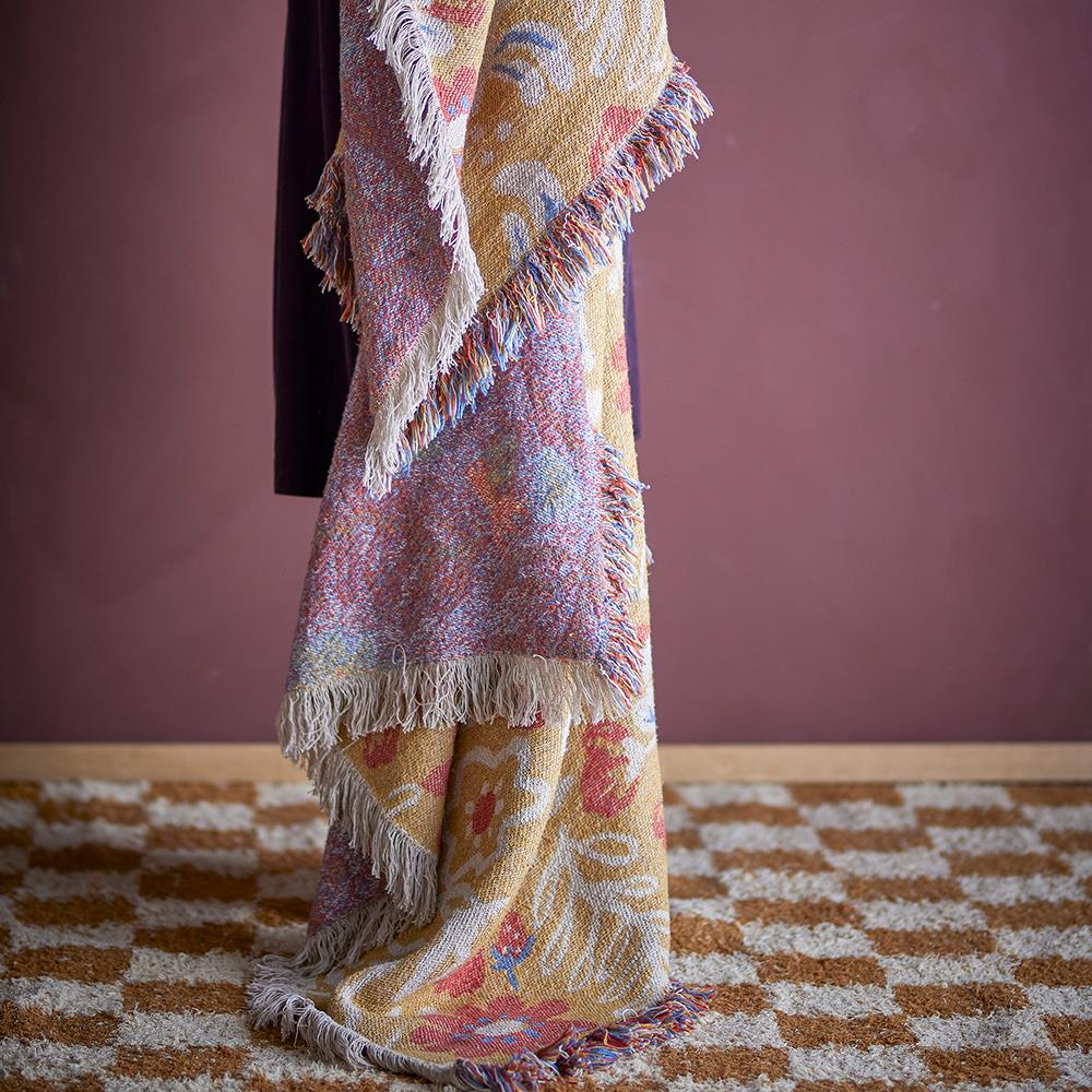 Bloomingville Reims Decke 160x130 cm – Nachhaltige Baumwolle mit Blumenmuster & Fransen