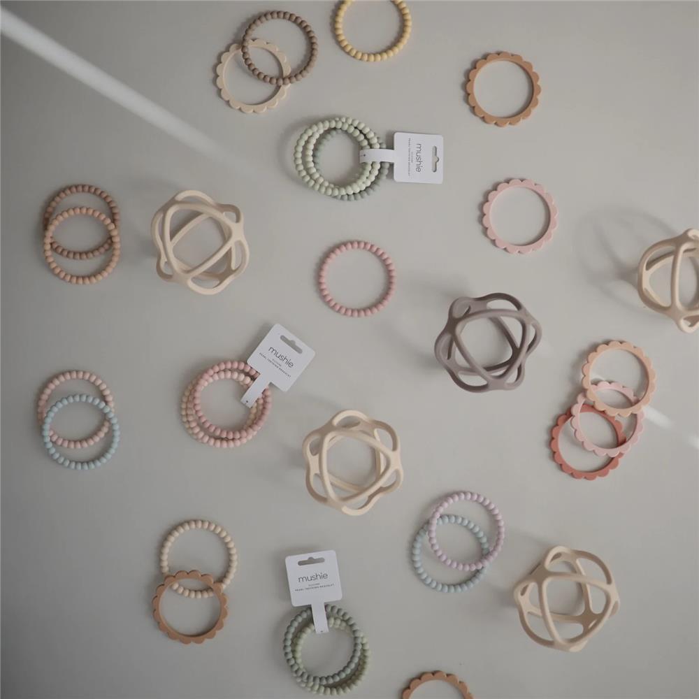 Mushie Beißring Perlen 3er Set, Linen/Peony/Pale Pink, Armband aus Silikon, BPA-frei