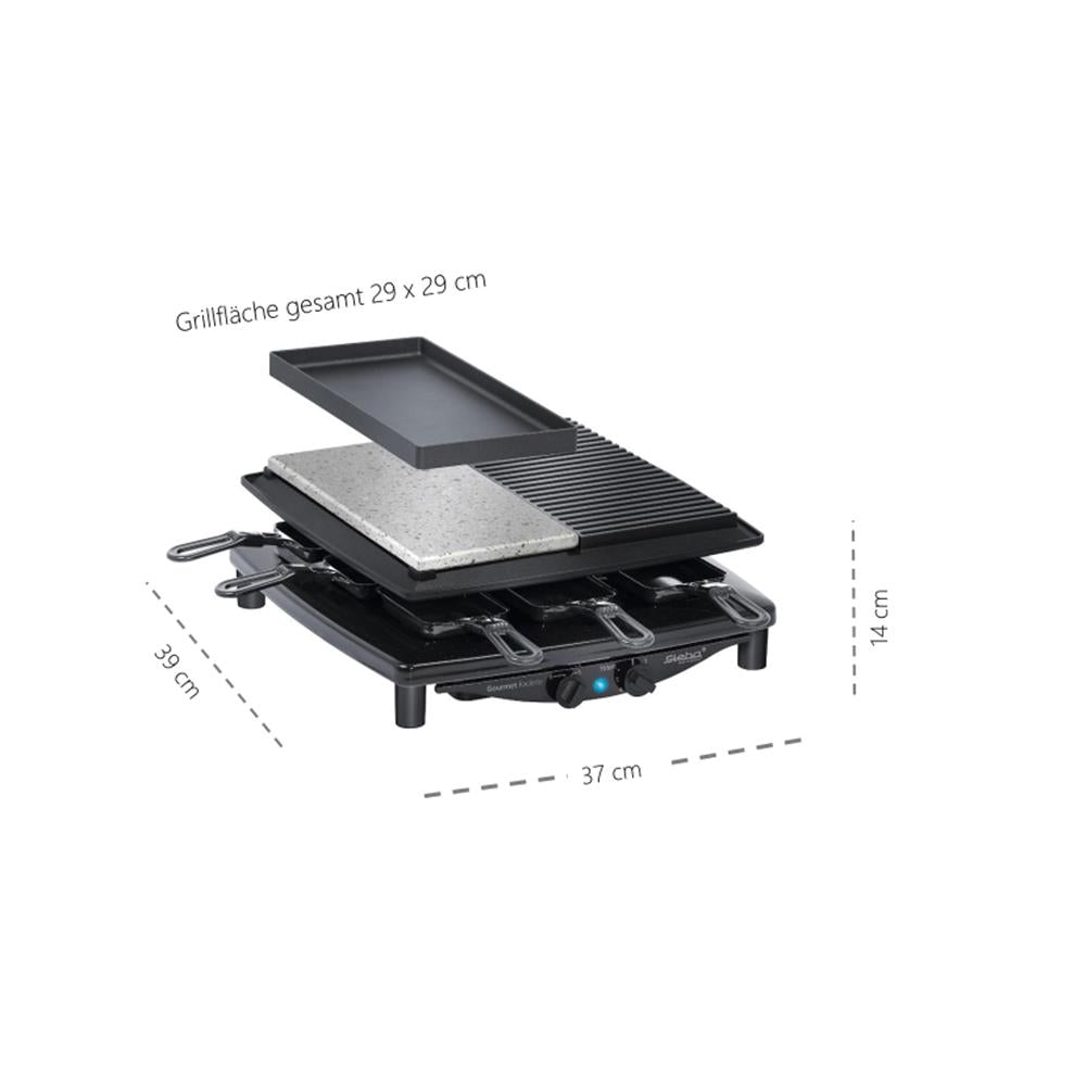 Steba Raclette RC 4 PLUS DELUXE – 4-in-1 Raclette mit Naturstein, Grillplatte & Gourmet-Pfanne, 8 Pfännchen, 1450 W