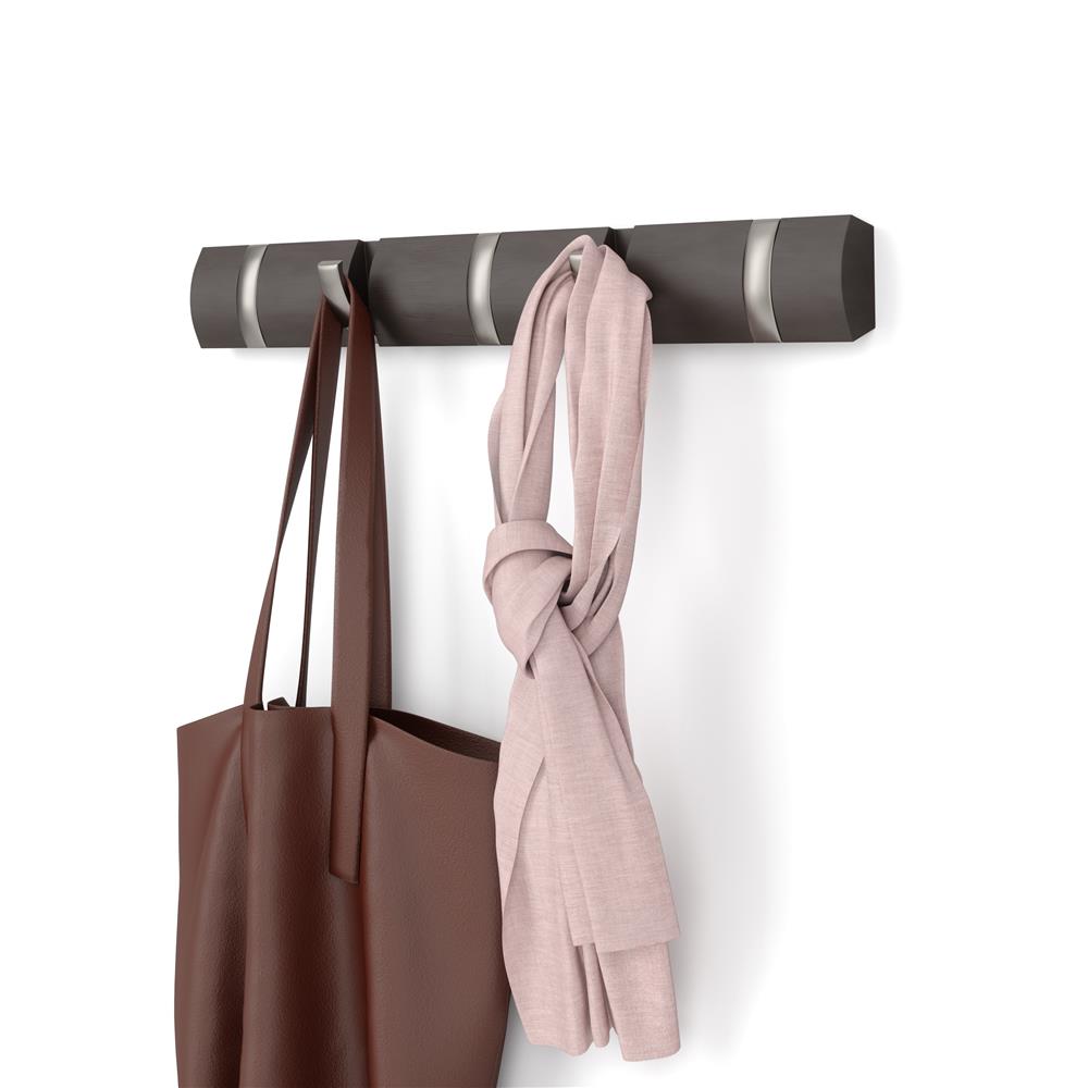 Umbra Flip Wandgarderobe, Garderobenleiste in Treibholz, mit 5 beweglichen Haken in Nickel