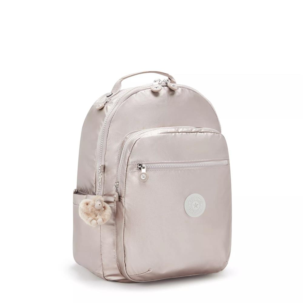 Kipling SEOUL L, Großer Schulrucksack mit 15-Zoll-Laptopfach, 27L, Metallic Glow (beige)