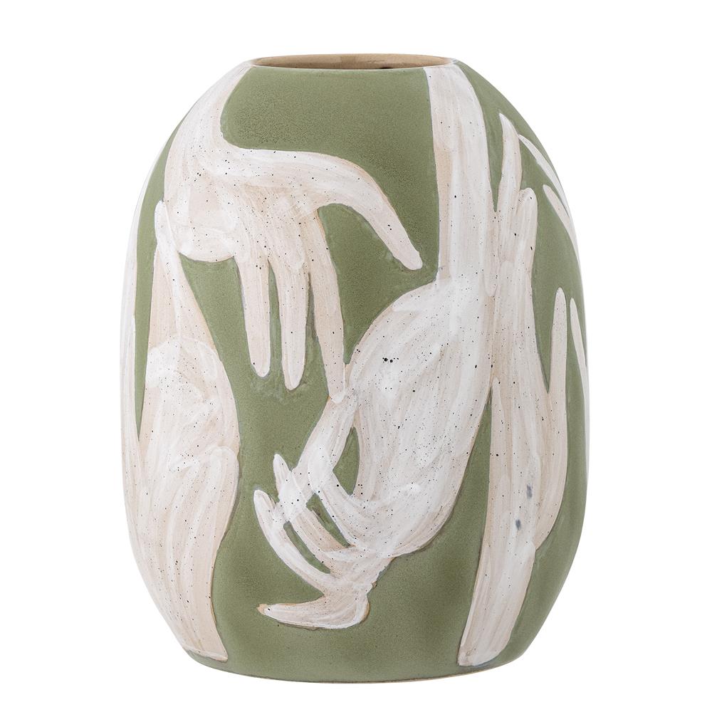 Bloomingville Adalena Deko-Vase – Künstlerische Steingut-Vase in Grün mit Handmotiv, 30,5 cm