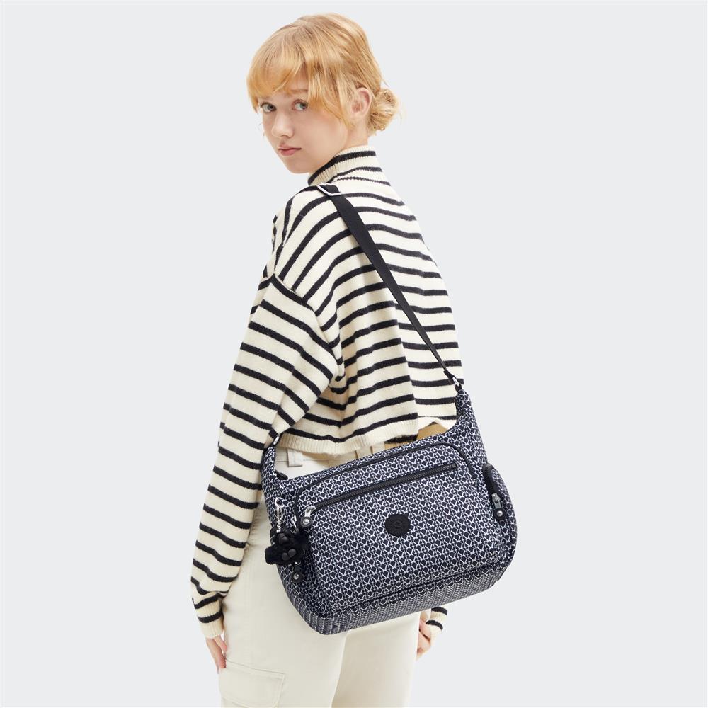 Kipling GABBIE M, Mittelgroße Umhängetasche, Signature Print (blau), Schultertasche mit Reißverschluss