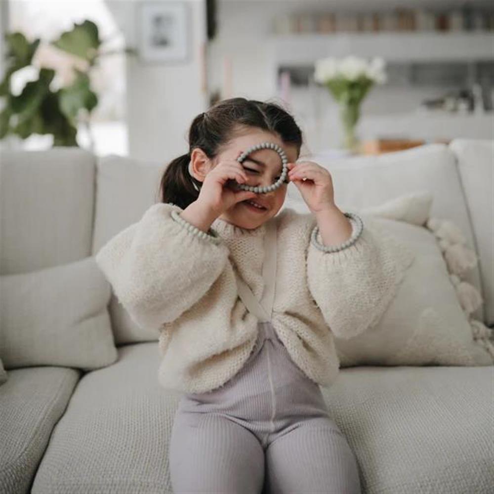 Mushie Beißring Perlen 3er Set, Lilac/Cyan/Soft Peach, Armband aus Silikon, BPA-frei