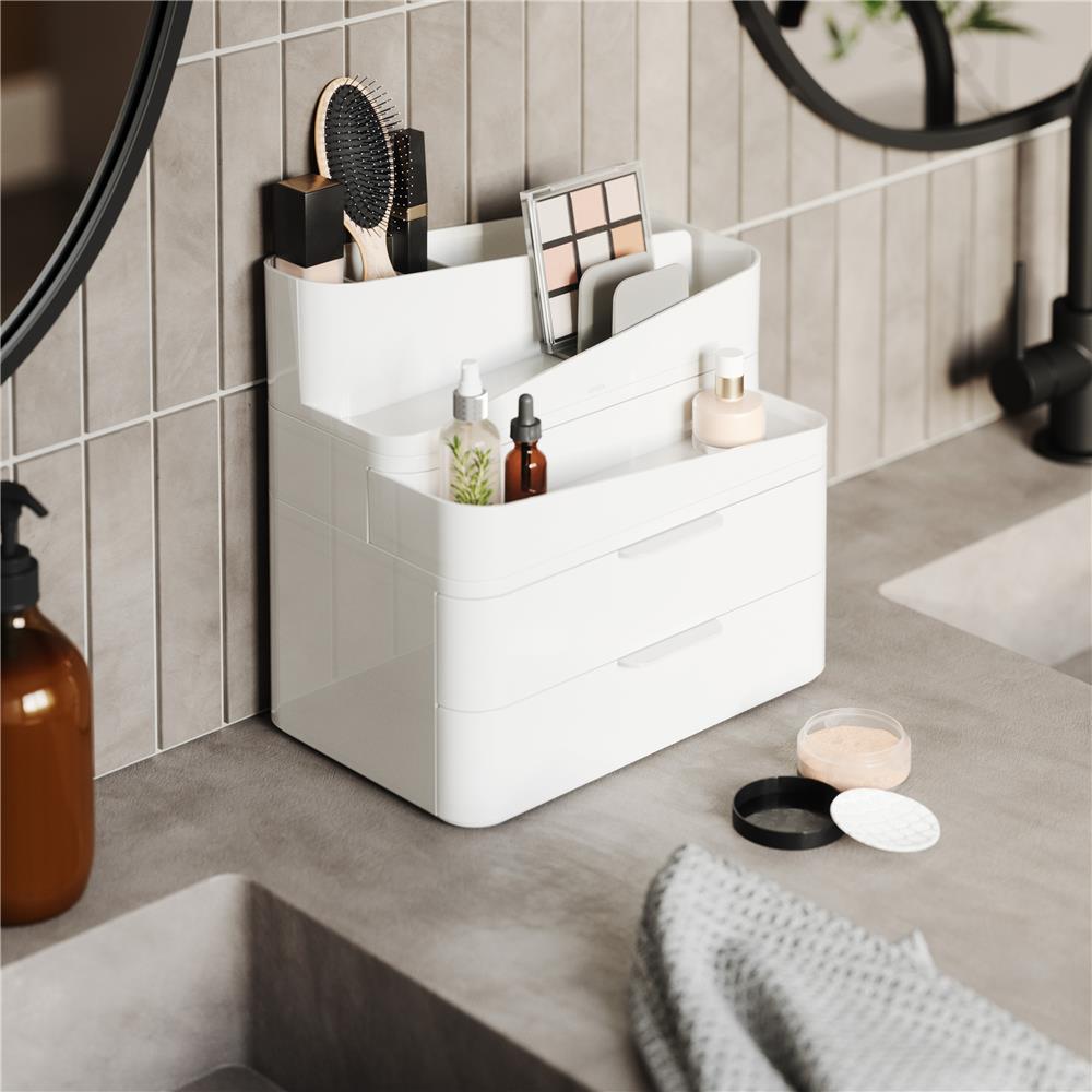 Umbra Glam Kosmetik Organizer in Weiß/Grau, Modulare Aufbewahrungsbox mit 3 Schubladen