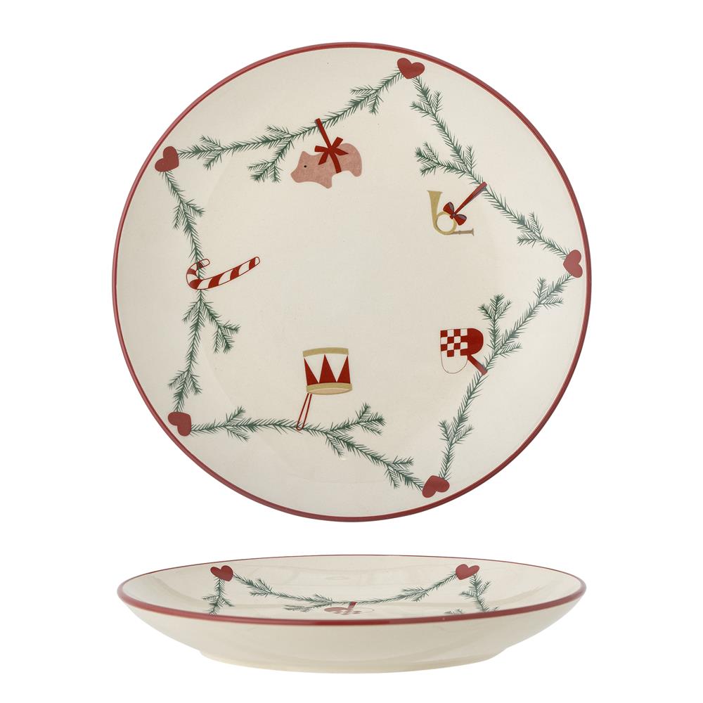 Bloomingville Yule Weihnachtsteller, Natur, Steingut 25,5 cm mit Weihnachtsmotiv