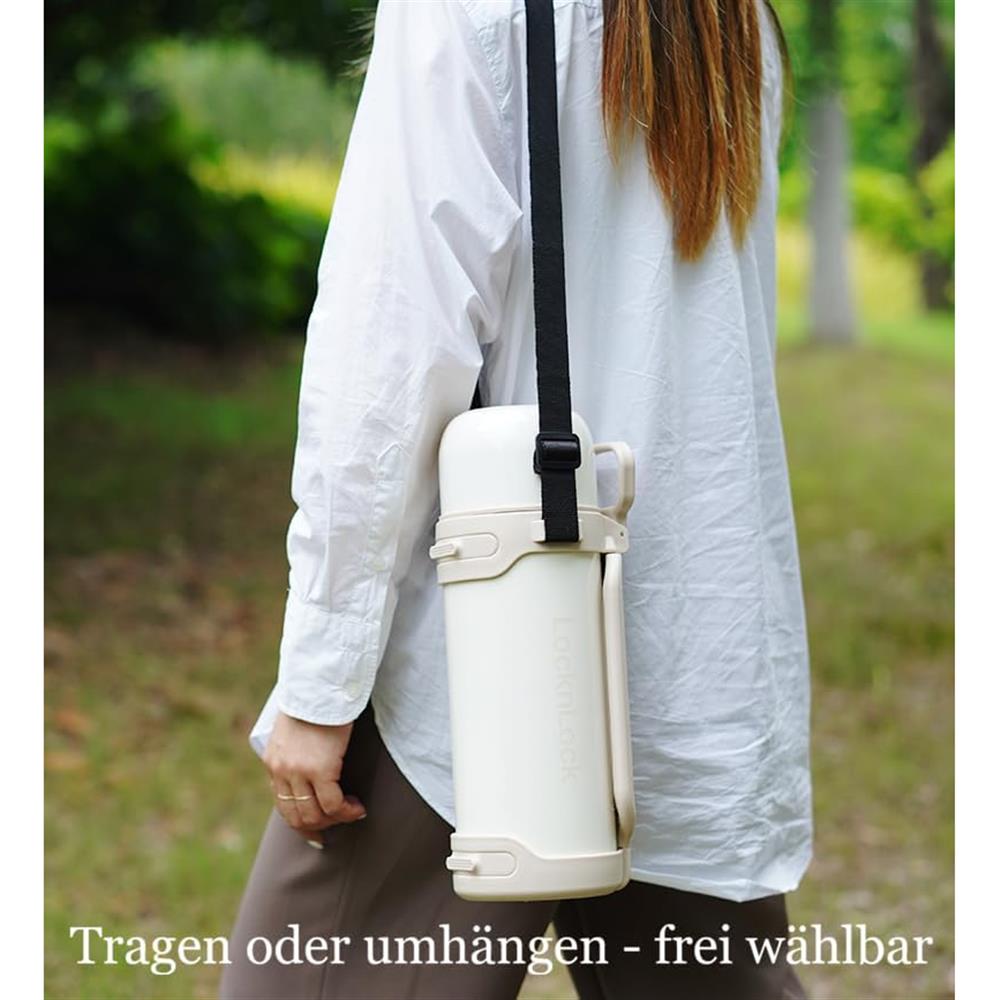 LocknLock Thermoskanne 1,8 L Schwarz, Becher, Edelstahl, Tragegurt, Auslaufsicher
