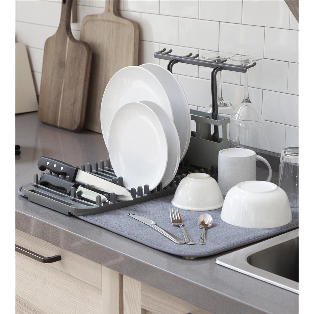 Umbra Udry Geschirr Abtropfgestell und Mikrofaser Abtropfmatte Faltbar Platzsparend Anthrazit