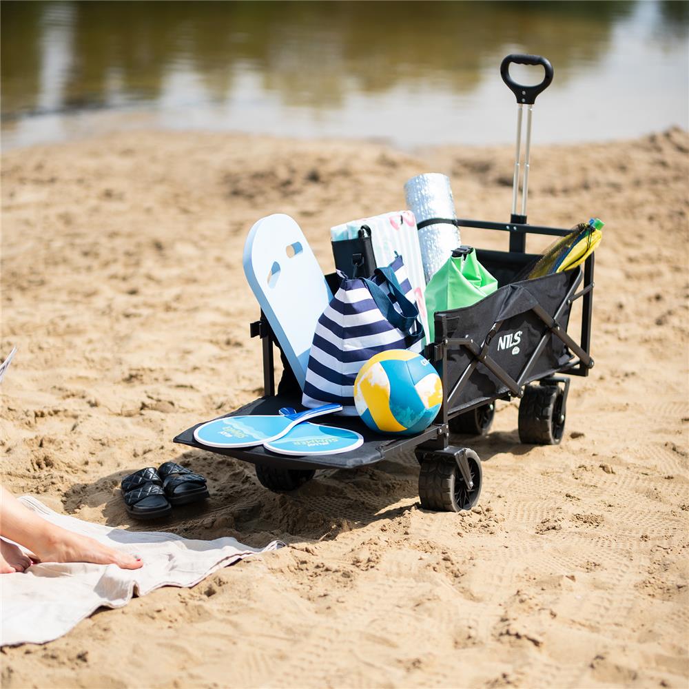 NILS CAMP Bollerwagen faltbar 160L in Schwarz - Campingwagen für Strand & Garten
