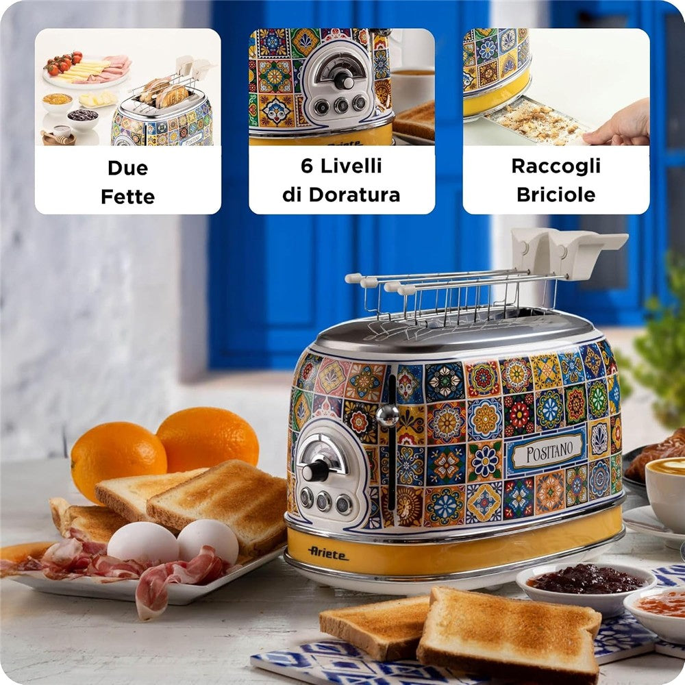 Ariete Positano Toaster, Mediterranes Design, 2-Scheiben-Toaster mit Sandwichzangen