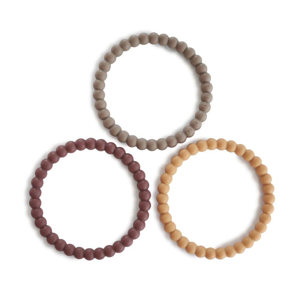 Mushie Beißring Perlen 3er Set, Berry/Marigold/Khaki, Armband aus Silikon, BPA-frei