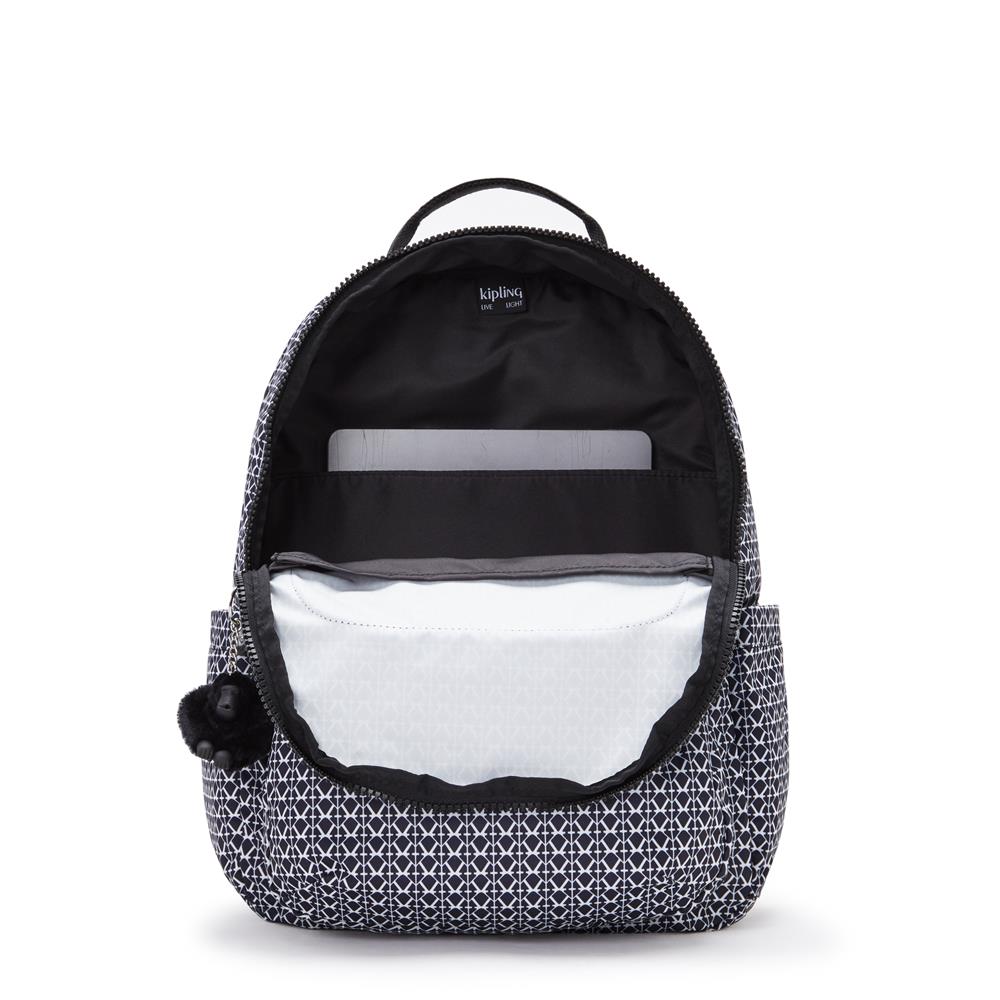 Kipling SEOUL L, Großer Schulrucksack mit 15-Zoll-Laptopfach, 27L, Signature Print (schwarz)