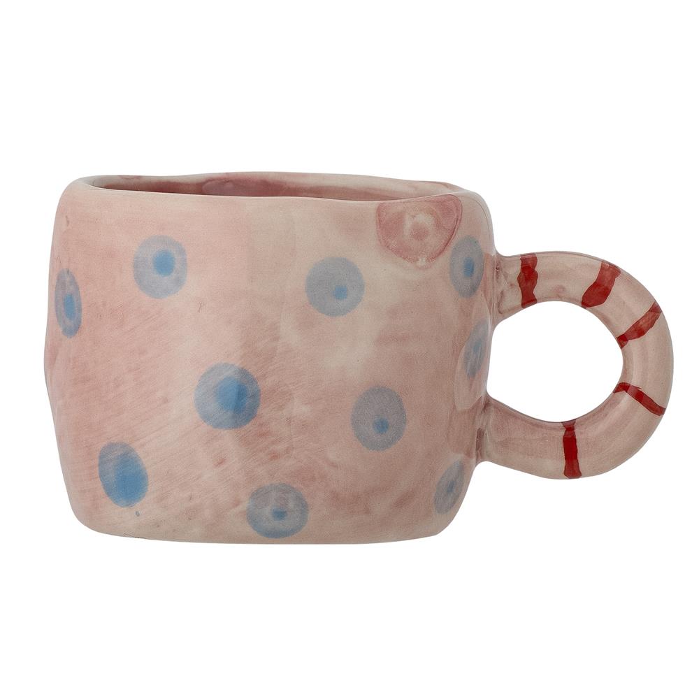 Bloomingville MINI Nini Tasse, Rosa mit blauen Punkten, Steingut, Kindertasse, dänisches Design