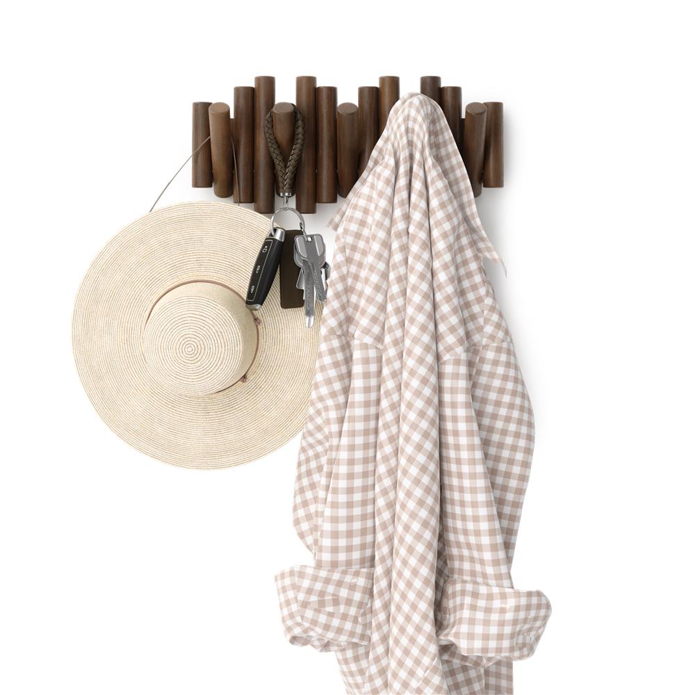 Umbra Picket - Moderne Garderobenleiste mit 5 Garderobenhaken, Walnuss Antik, aus Kiefernholz