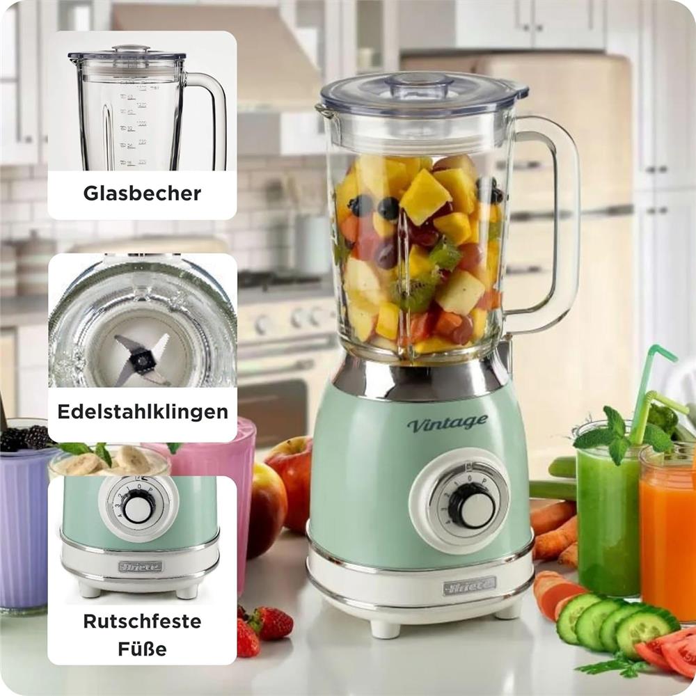 Ariete Vintage Standmixer, Grün, Glasbehälter 1,5L, Smoothie Maker, 1000W