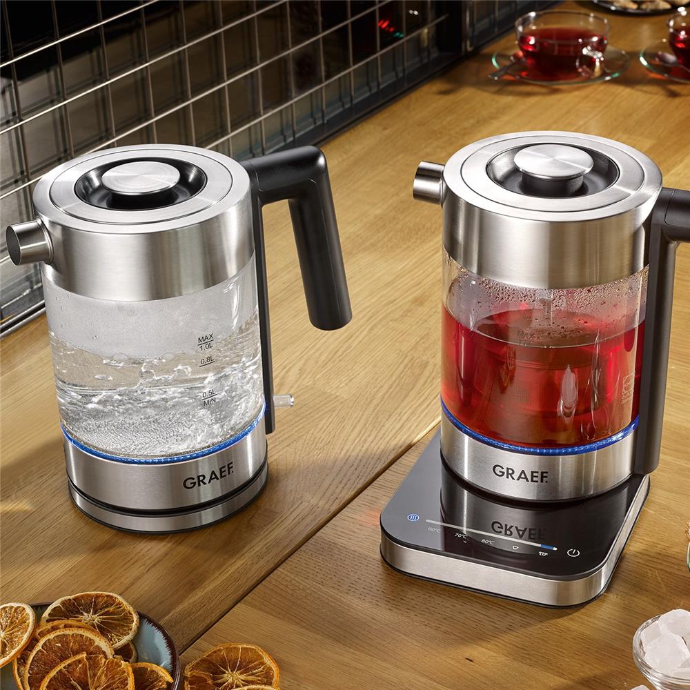 GRAEF Glas Wasserkocher WK300 1 Liter LED Beleuchtung Edelstahl drehbar Abnehmbarer Deckel | B-Ware