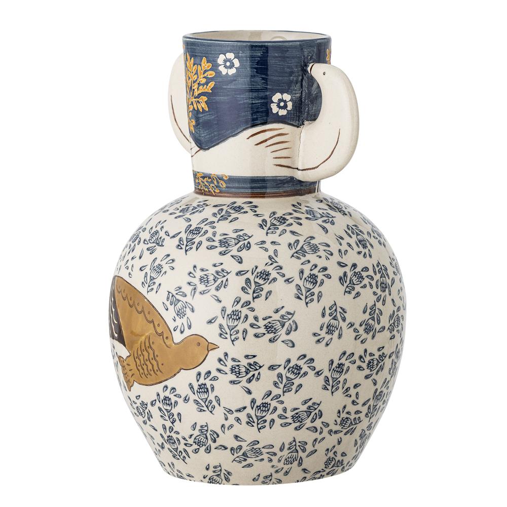 Bloomingville Hezha Vase Blau – Handdekorierte Steingutvase mit Vogelmotiv