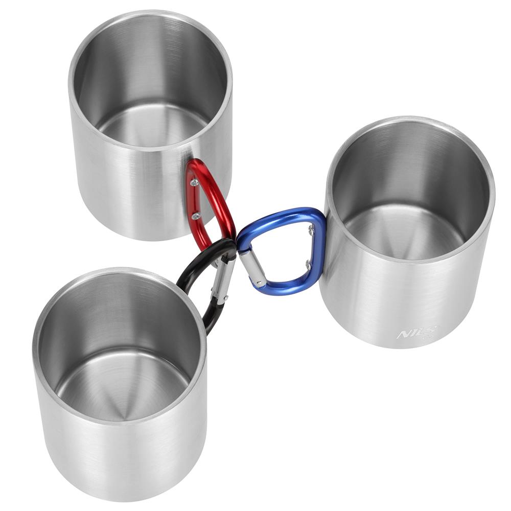 NILS CAMP Campingbecher Edelstahl 300 ml Schwarz - doppelwandiger Outdoor Becher mit Karabiner für Camping