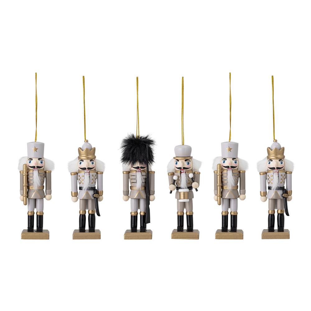 Bloomingville Nikita Baumanhänger, 6er Set – Nussknacker aus Holz, Grau & Gold, dänisches Design