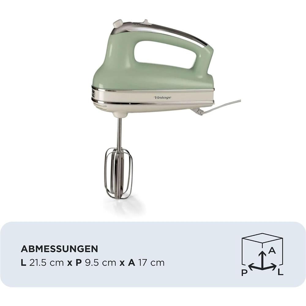 Ariete Vintage Handmixer, Grün, Elektrischer Mixer 450W, 5 Stufen Turbo, Schneebese, Knethaken