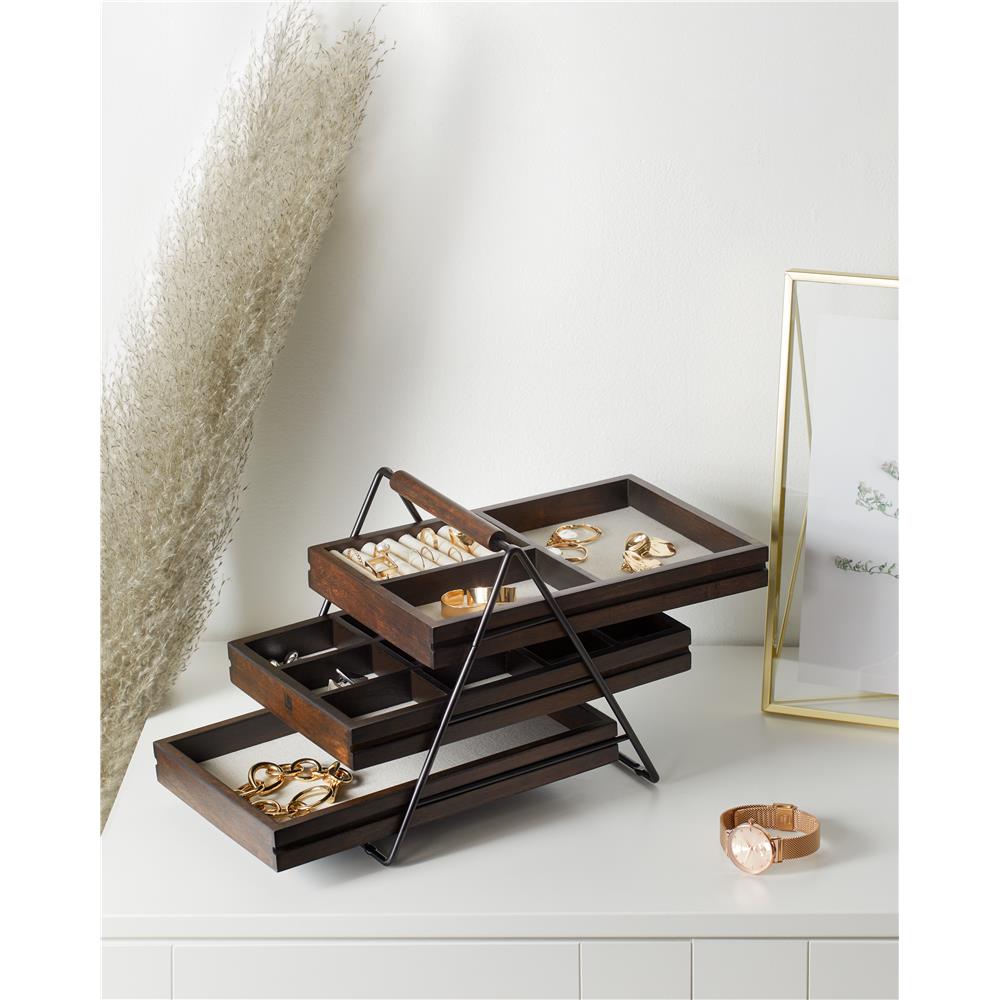 Umbra Terrace Schmucktablett Holz Schmuckkästchen mit drei Schubfächer für Ringe Armbänder Ketten Uhren und Mehr
