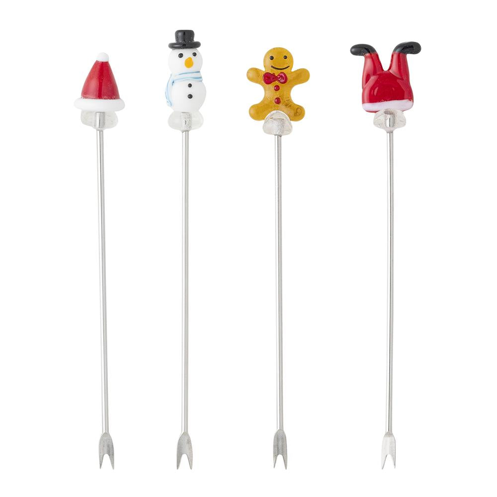 Bloomingville Feliz Cocktailgabeln 4er-Set – Handgefertigte Weihnachtsgabeln mit Glasfigur