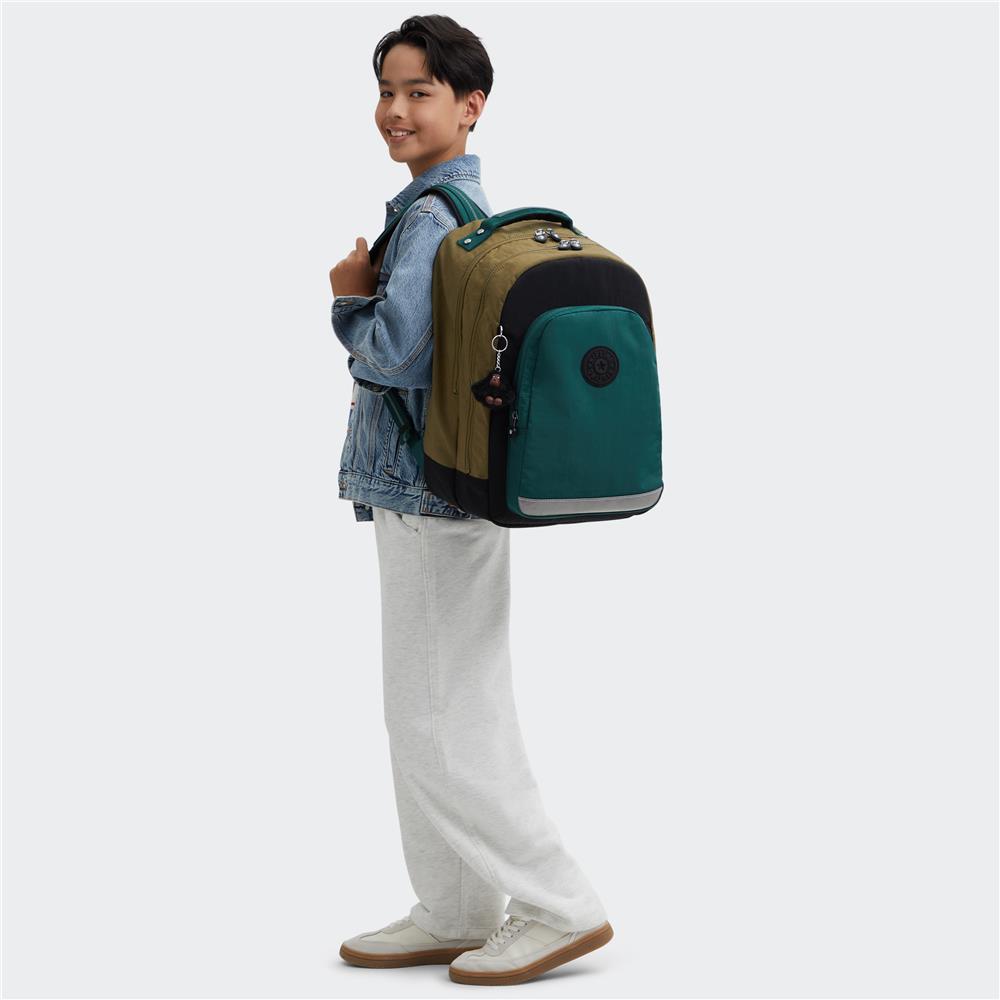 Kipling CLASS ROOM, Großer Schulrucksack mit 15-Zoll-Laptopfach, 28L, Black Khaki Block (grün)