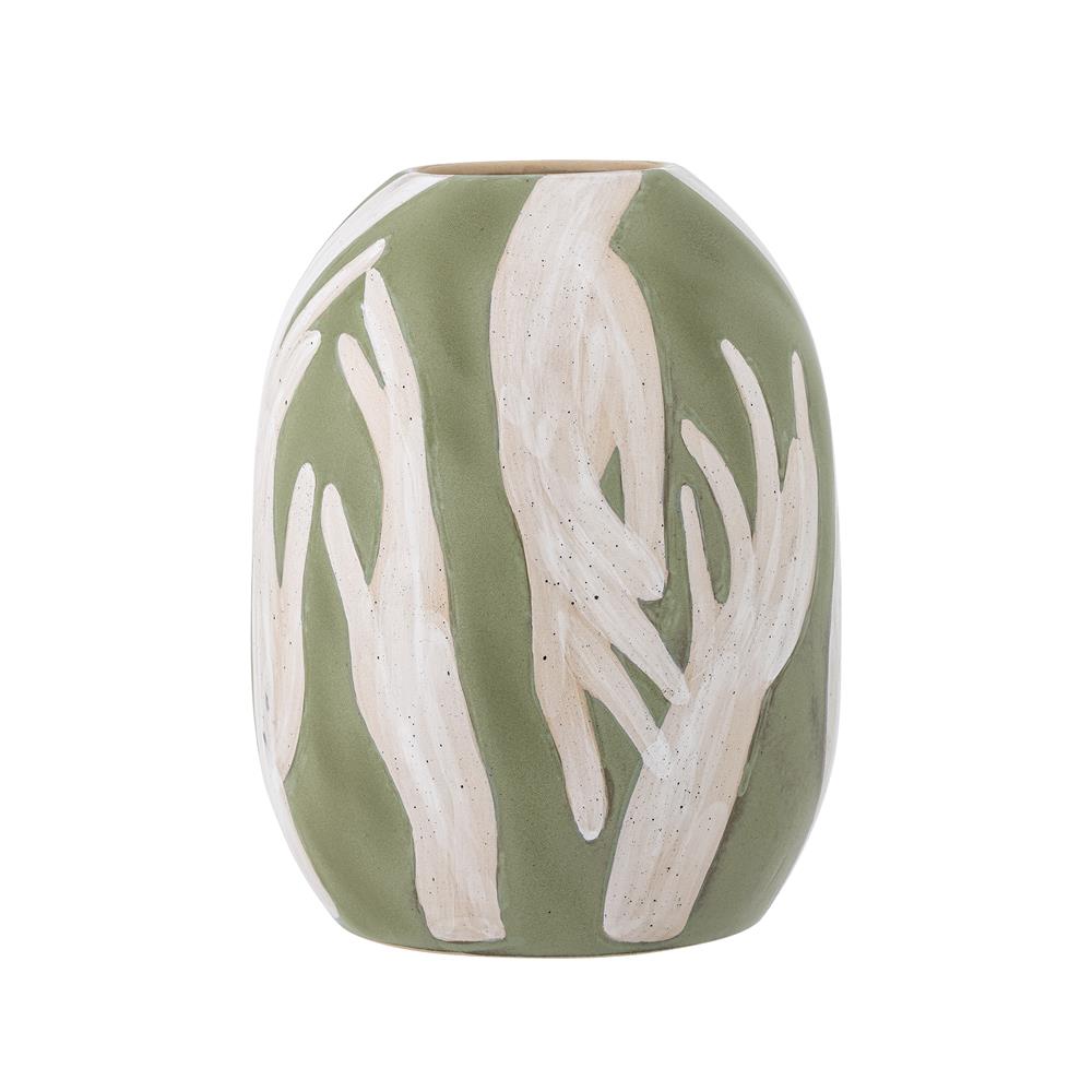 Bloomingville Adalena Deko-Vase – Künstlerische Steingut-Vase in Grün mit Handmotiv, 30,5 cm