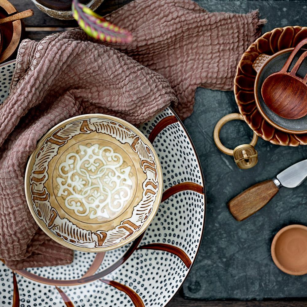 Bloomingville Heikki Schale – große Steingutschale, handbemalt in Braun & Blau, Ø 32 cm