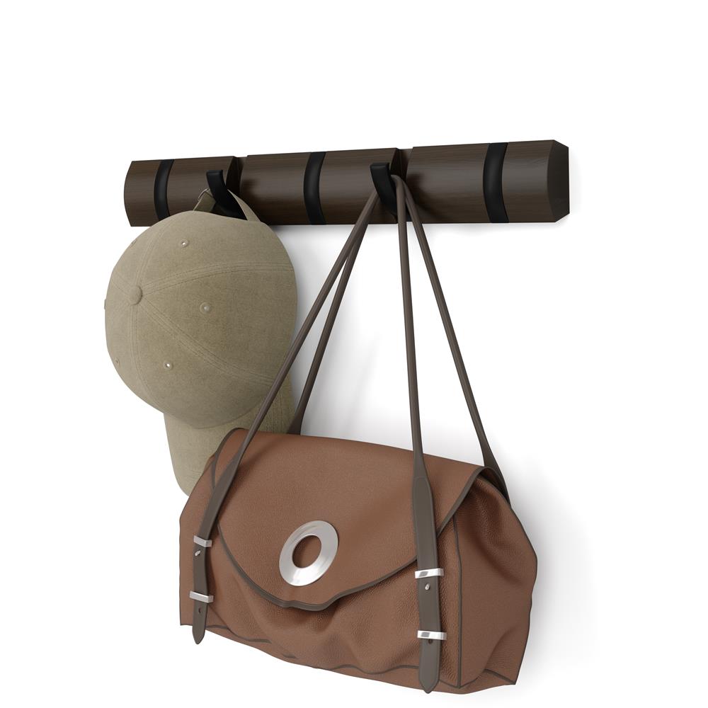 Umbra Flip Wandgarderobe, Garderobenleiste in Walnuss, mit 5 beweglichen Haken in Schwarz