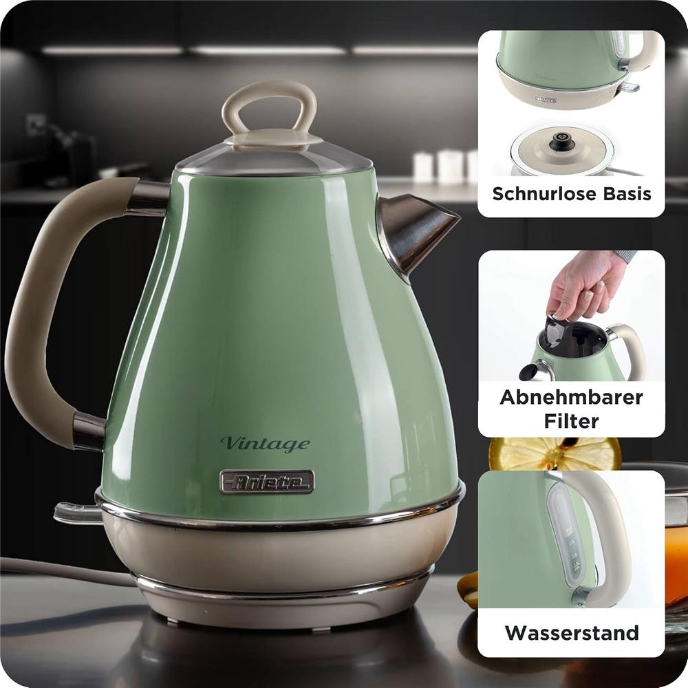 Ariete Vintage Wasserkocher, Grün, 1,7L Edelstahlkessel, 2000W, Elegantes Retro-Design