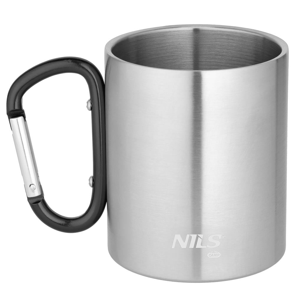 NILS CAMP Campingbecher Edelstahl 300 ml Schwarz - doppelwandiger Outdoor Becher mit Karabiner für Camping