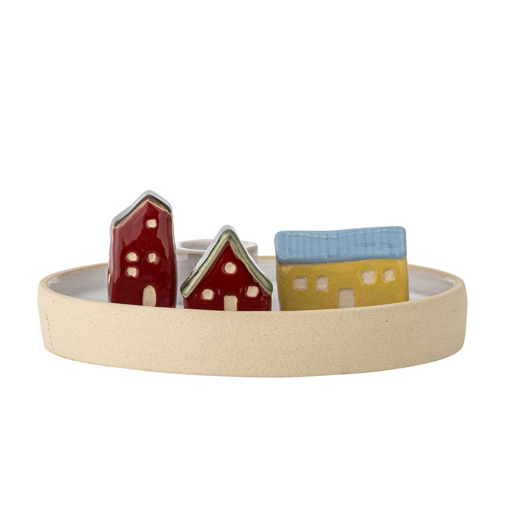 Bloomingville Coze Kerzenhalter Weiß Steingut Kerzenständer D 15,5 cm mit Häusermotiv