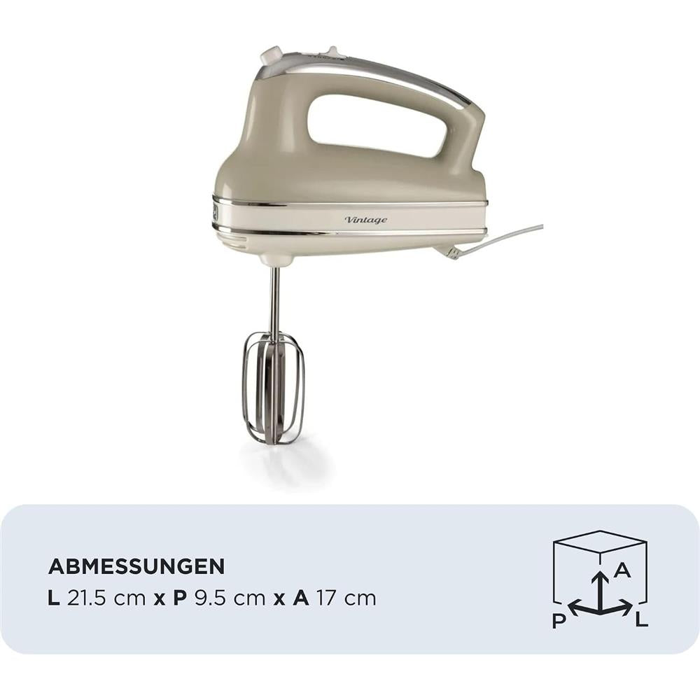 Ariete Vintage Handmixer, Beige, Elektrischer Mixer 450W, 5 Stufen Turbo, Schneebese, Knethaken
