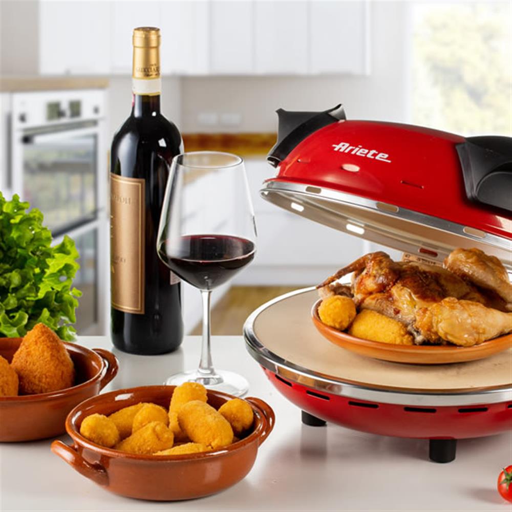 Ariete 4-Minuten-Pizzaofen, Rot, Pizzamaker mit Pizzastein 32 cm, 400°C, 1200W