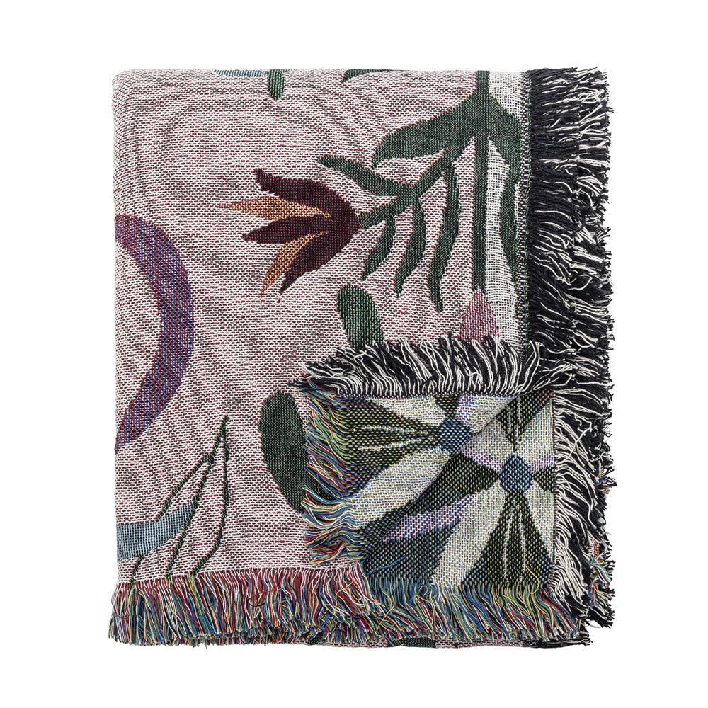Bloomingville Yash Decke 160x130 cm bunt - Plaid aus recycelter Baumwolle mit botanischem Muster für Sofa