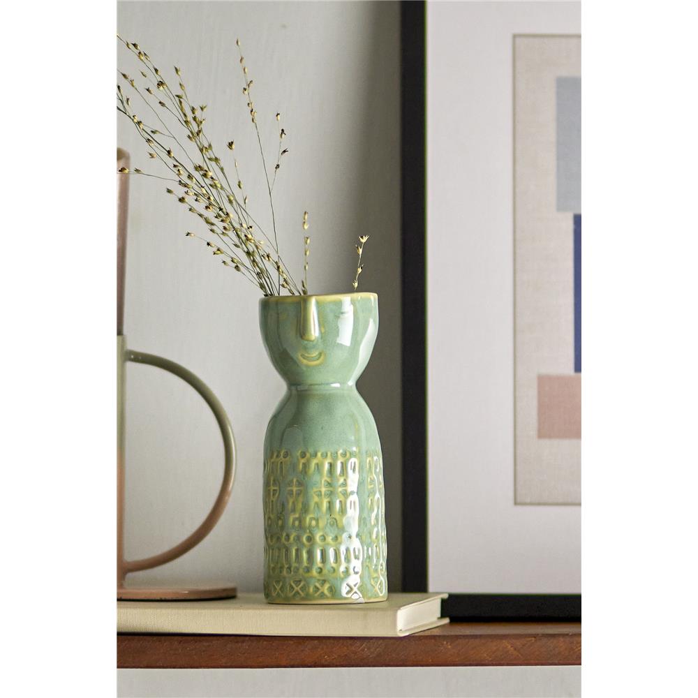 Bloomingville Embla Vase in Grün, 14,5cm, aus Steingut handgefertigt
