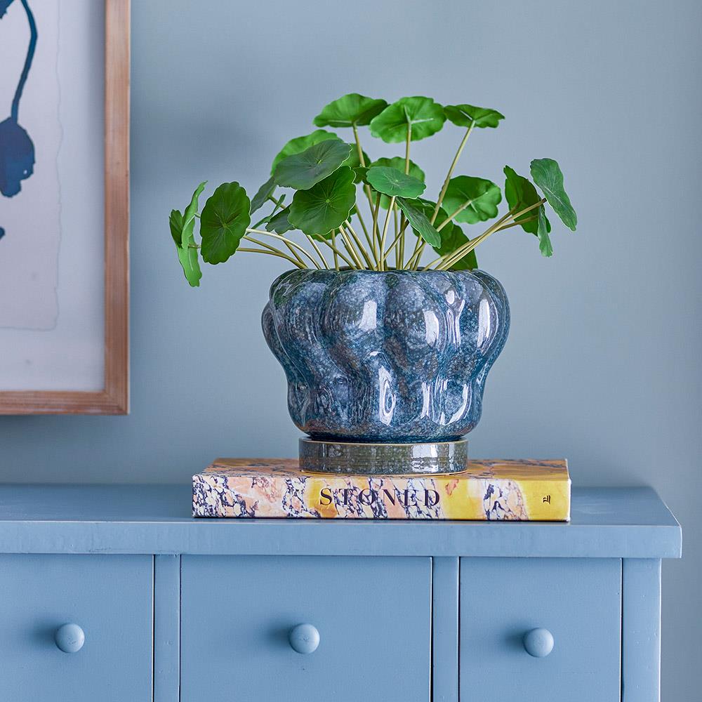 Bloomingville Hollis Blumentopf mit Untertasse Blau Ø20 cm – Steingut, glänzend & dekorativ